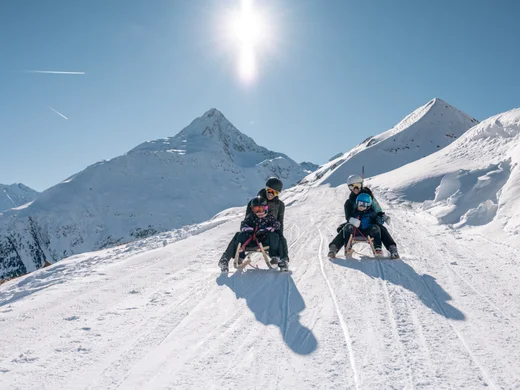 Snowy adventures on winter holidays in the Alps Zwei Erwachsene mit Kindern rodeln auf verschneitem Berghang bei Sonnenschein